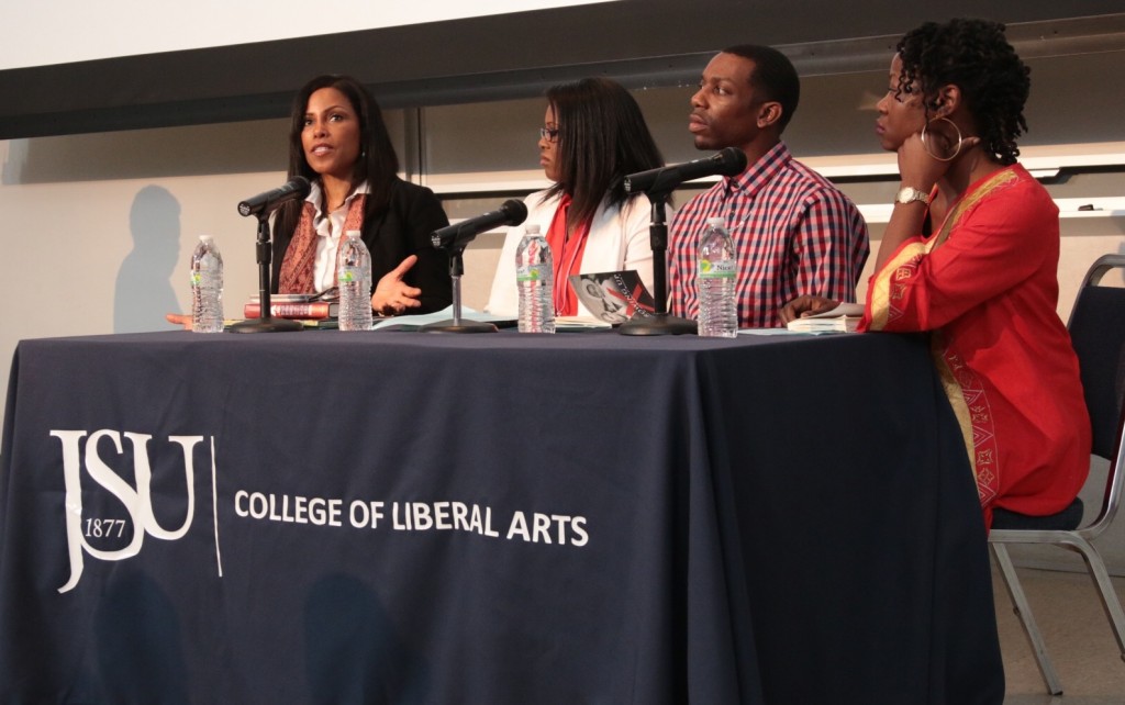 Ilyasah Shabazz, the daughter of Malcolm X, participates in a panel discussion at Jackson State University on Monday, Feb. 16, 2015, with students (from left): Tyra Gowdy, senior in English; Derrick Griffith, senior in English; Jasmine Pollard, senior in English. (Photo by Frank Wilson, JSU)