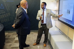 Dr. Robert Blaine, dean of JSU Undergraduate Studies and CyberLearning, explains cutting edge technology to U.S. Congressman Bennie G. Thompson during a tour of the INNOVATE and CREATE facilities in the H.T. Sampson Library. (Photo by Charles A. Smith, JSU)