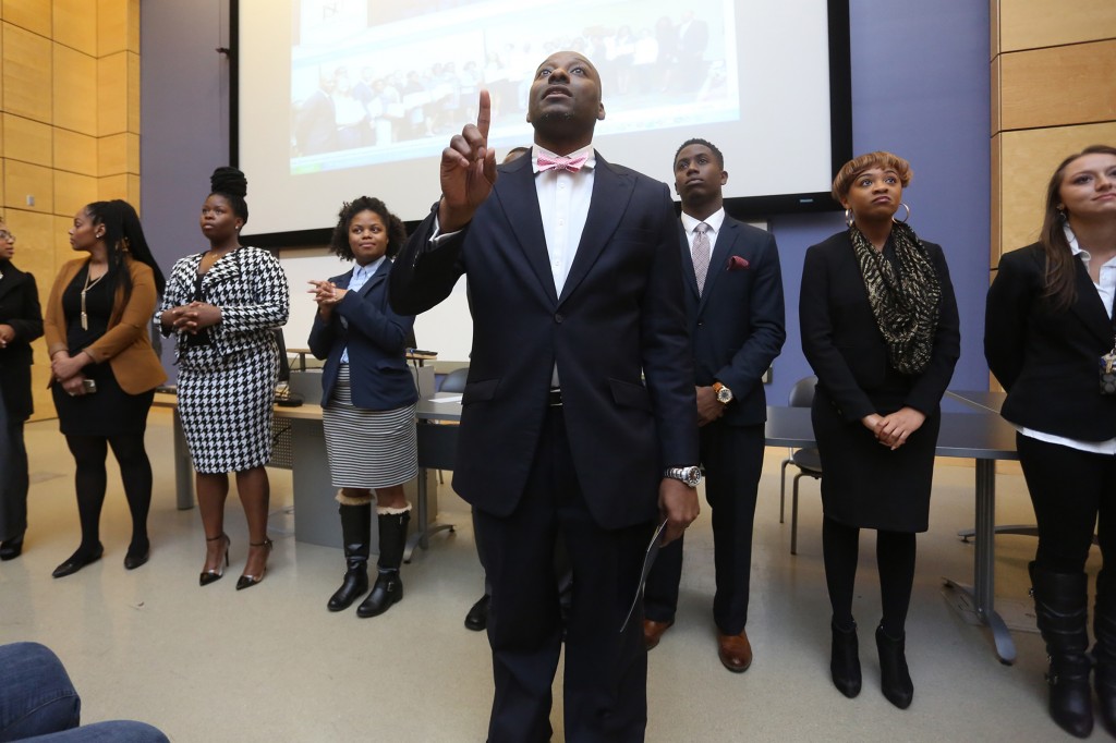 Student recruiter Paul A. Scott with the JSU Department of Community College Relations introduced student ambassadors to guide prospective students around camps at Jackson State University for Transfer Day, Feb. 20, 2015. (Photo by Charles A. Smith)