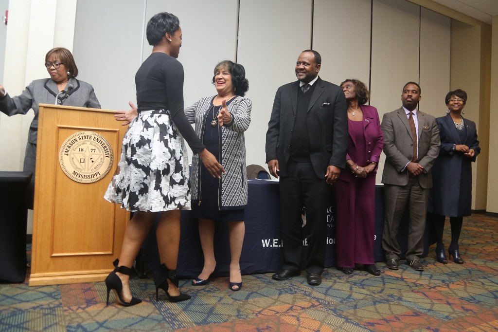Jackson State University President Dr. Carolyn W. Meyers congratulates a student “pinned” by the W.E.B. Du Bois Honors College on Thursday, Feb. 19, 2005. Pictured (from left): Dr. Marie O'Banner-Jackson, associate dean, Undergraduate Studies; Meyers; Dr. Daniel Watkins, dean, College of Education and Human Development; Dr. Evelyn Leggette Associate Vice President for Academic and Student Affairs; Dr. Robert Blaine Dean of Undergraduate Studies and Cyber Learning; and Dr. Loria Brown Gordon, Associate Dean of W. E. B. Du Bois Honors College. (Photo by Anissa Hidouk, JSU)