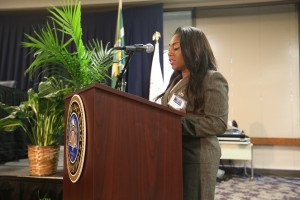 Jordan Carter, a junior in Political Science, complains about deteriorating streets at the Jackson City Council meeting held at the Mississippi e-Center @JSU, March 24, 2015. (Photo by Charles A. Smith, JSU)