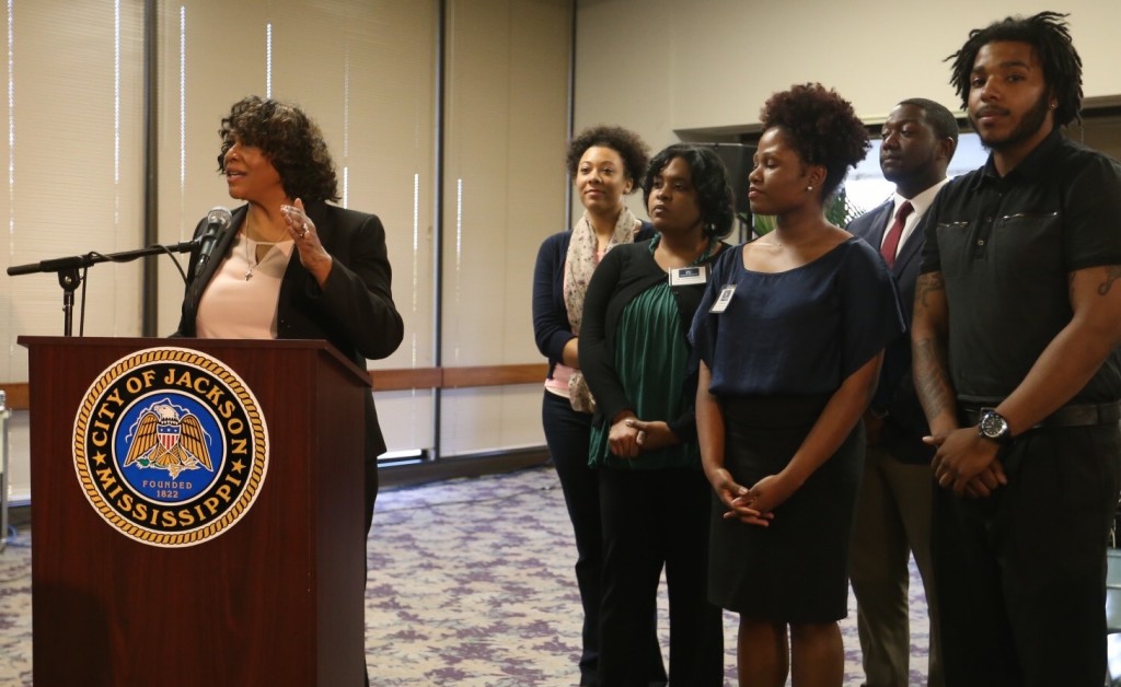 Dr. Patricia Murrain, coordinator of Speech Studies, addressed the Jackson City Council, Tuesday, March 24, 2015.Looking on are: Speech Communications and Theatre students Whitney Gibson, Randrika Henderson, Briana Davis, Political Science junior Justin Wills, and Speech Communications and Theatre junior Delbert Griffin. (Photo by Charles A. Smith, JSU)
