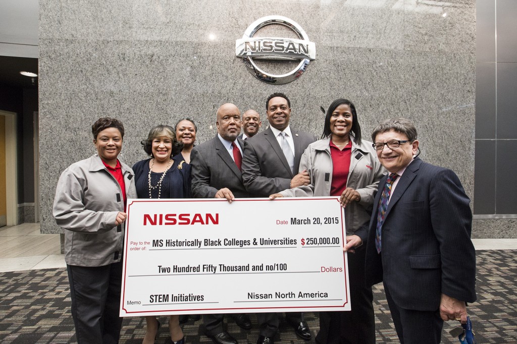 Photo: Nissan gave HBCUs $250,000 Friday for STEM studies. Shown (from left): Melinda Heath, Nissan; JSU President Carolyn W. Meyers; Angela Getter, JSU; 2nd District U.S. Rep. Bennie Thompson; Jeffrey Webster, director of Diversity and Inclusion at Nissan; State Rep. Kenny Wayne Jones; Tosha Garner, Nissan; and College of Science, Engineering and Technology (CSET) Dean Dr. Richard Alo. (Photo by Charles A. Smith)