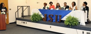 A panel of successful women shared their experiences Thursday, March 26, during a Women in History Month program titled “Celebrating Women's History Across Disciplines.” From left: Maura Moed, host of JSUTV’s Metro Morning Live, moderator; Dr. Ingrad Smith, associate dean of the College of Education and Human Development, which hosted the event; Dr. Dorothy Stokes, Belhaven University; Joi Owens, attorney and legislative liaison, Disability Rights Mississippi; Dr. Wanda Newell, associate professor of Child Development, Alcorn State University; Dr. Tonyatta Hairston, owner, EnVision Eye Care; and Dr. Elayne Hayes-Anthony, director, Department of Mass Communication, Jackson State University. (Photo by Deontae Williams, JSU)