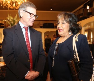 JSU President Carolyn W. Meyers chats with David Hampton, former editorial director of The Clarion-Ledger, during a reception for Dr. Elayne Hayes-Anthony at The Capitol Inn in Jackson, Tuesday, April 7, 2015. (Photo by Charles A. Smith, JSU)