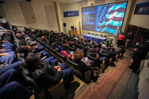 Former Mississippi Gov. Haley Barbour speaks to a crowded audience at the JSU Student Center Tuesday, April 21, on the need for a strong two-party system as part of the Mike Espy Scholars-in-Residence Series. (Photos by Charles A. Smith, JSU)