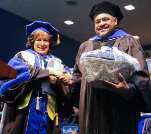 JSU President Carolyn W. Meyers thanks Honors Convocation Keynote Speaker Trent Walker, Thursday, April 23, 2013. (Photo by Deontae Williams, JSU)
