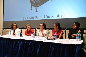 A roundtable discussion, titled Margaret Walker and Toni Morrison: Arts and Activism, highlighted the 9th Annual Creative Arts Festival that began Friday, April 10, 2015. Shown (from left): Dr. Deborah H. Barnes, associate professor of English at JSU, the moderator; Carolyn Brown, author of Song of My Life, the first biography of Margaret Walker; Nikky Finney, a poet, author and professor at the University of South Carolina; Raquel Flowers Rivera, a poet and assistant professor of English at the University of the District of Columbia; and Carolyn Denard, founder and board chair of The Toni Morrison Society. The program was part of the yearlong observance of the anniversary of Margaret Walker’s birth, titled: This Is My Century: 2015 Margaret Walker Centennial. (Photo by Charles A. Smith, JSU)