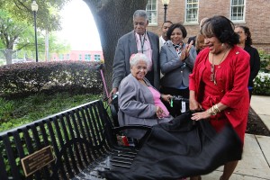 Jackson State University President Carolyn Meyers unveils a Toni Morrison Society Bench By The Road, located at JSU, only the 12th in the United States. The goal of the project is to create an outdoor museum that will mark important locations in African-American history both in the United States and abroad. (Photo by Deontae Williams, JSU)