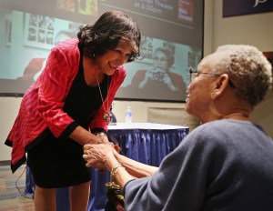Jackson State University President Carolyn W. Meyers welcomes Nikky Giovanni to JSU Thursday, April 23, 2015. (Photo by Charles A. Smith, JSU)