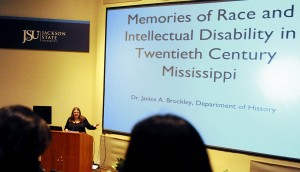 Academy Scholar Dr. Janice Brockley, associate professor, Department of History and Philosophy, College of Liberal Arts, presents her research proposal for external funding Friday, April 10, 2015. (Photo: Vicky King, JSU)