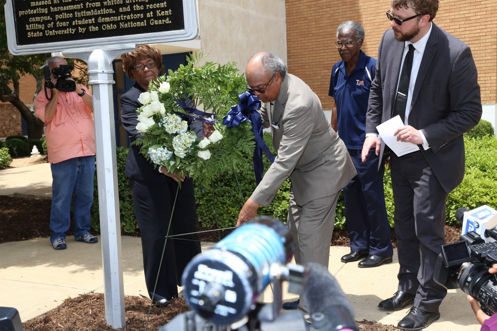 Participating in the wreath-laying ceremony Friday in front of JSU’s Alexander Hall, where a deadly shooting and injuries occurred May 15, 1970, are JSU alum Eddie Jean McDonald Carr, left; alum James “Lap” Baker; JSU President Emeritus John A. Peoples, who was Jackson State College president during the tragic period; and Dr. Robert Luckett, director of JSU’s Margaret Walker Alexander Research Center. (JSU Photo by Deontae Williams)