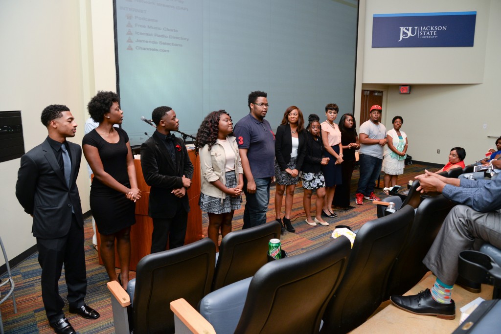 Student cast and crew discuss their experience with producing their own film with assistance from actor-producer Reid. They are Aspen Wilson, left, Deshadrian Hopkins, Jamarion Wright, Myuana Jones (selected to travel to London with Reid), Maurice Williams, Orionna Brumfield, Dashawna Wright, Sharmonica Carter, Akayla Harris, Jarvis Generette and Jaleesa Harris. Missing is Kendall Green (also selected to travel to London).