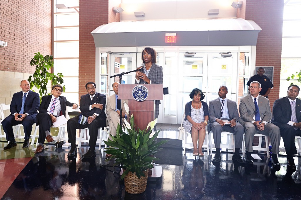 Introducing dignitaries at the groundbreaking ceremony, Mississippi state Rep. Angela Cockerham, a JSU alum, was instrumental in helping secure funding for the expansion of the College of Science, Engineering and Technology at Jackson State University. Others participating in the ceremony include, left, Dr. Rob Futral, lead pastor of Broadmoor Baptist Church; Richard A. Aló, dean of the College of Science Engineering and Technology at Jackson State University; Dr. James C. Renick, provost and senior vice president of academic and student affairs; JSU President Carolyn W. Meyers; Dr. Brian Pugh, chief fiscal director from the Office of the Governor; Philip Gunn, Mississippi Speaker of the House; and state Sen. Kenneth Wayne Jones. (Photo by Charles A. Smith/JSU)
