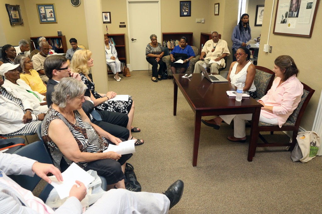 Addressing the crowd, Dr. Maryemma Graham, a biographer, seated left at the table, joins her counterpart, Dr. Carolyn Brown, in a discussion about the legacy of Margaret Walker Alexander. (Photo by Deontae Williams/JSU).