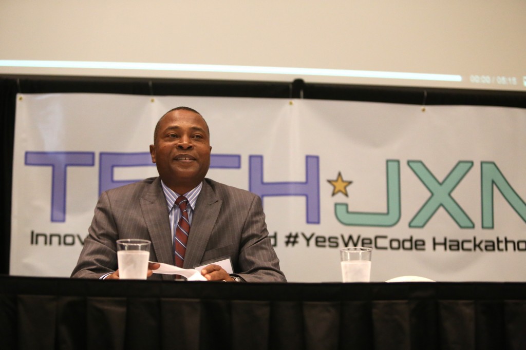 Dr. Ricardo Brown, dean of JSU's College of Public Service, serves as moderator for TECH JXN and #YesWeCode Hackathon.