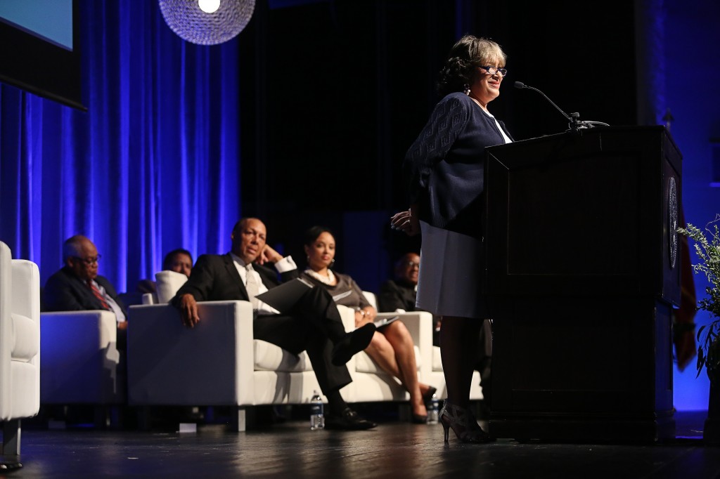 In her annual Fall Faculty Staff Seminar address, Jackson State University President Carolyn W. Meyers was in rare form Thursday as she addressed a litany of issues weighing heavily on her mind. They included rumors about her health and the fiscal crisis plaguing all state agencies. (Photo By Charles A. Smith/JSU)