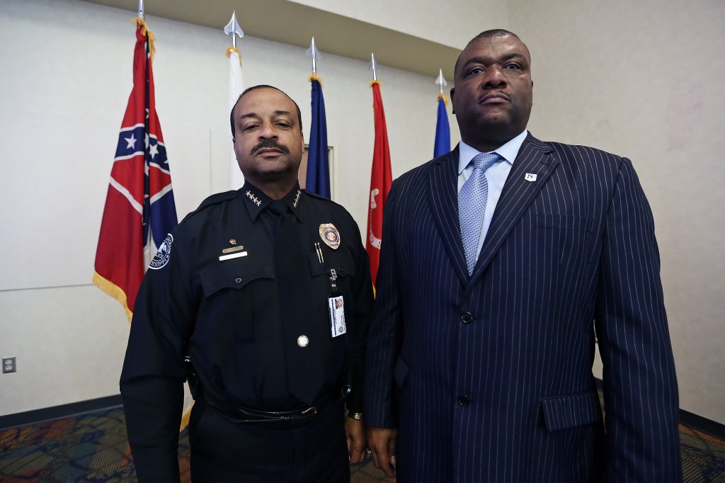 During JSU’s Patriot Day, Jackson Police Department Chief Lee Vance, left, and Dr. Timothy Abram paid tribute to the brave men and women who put their lives on the line everyday. (Photo by Charles A. Smith/JSU)