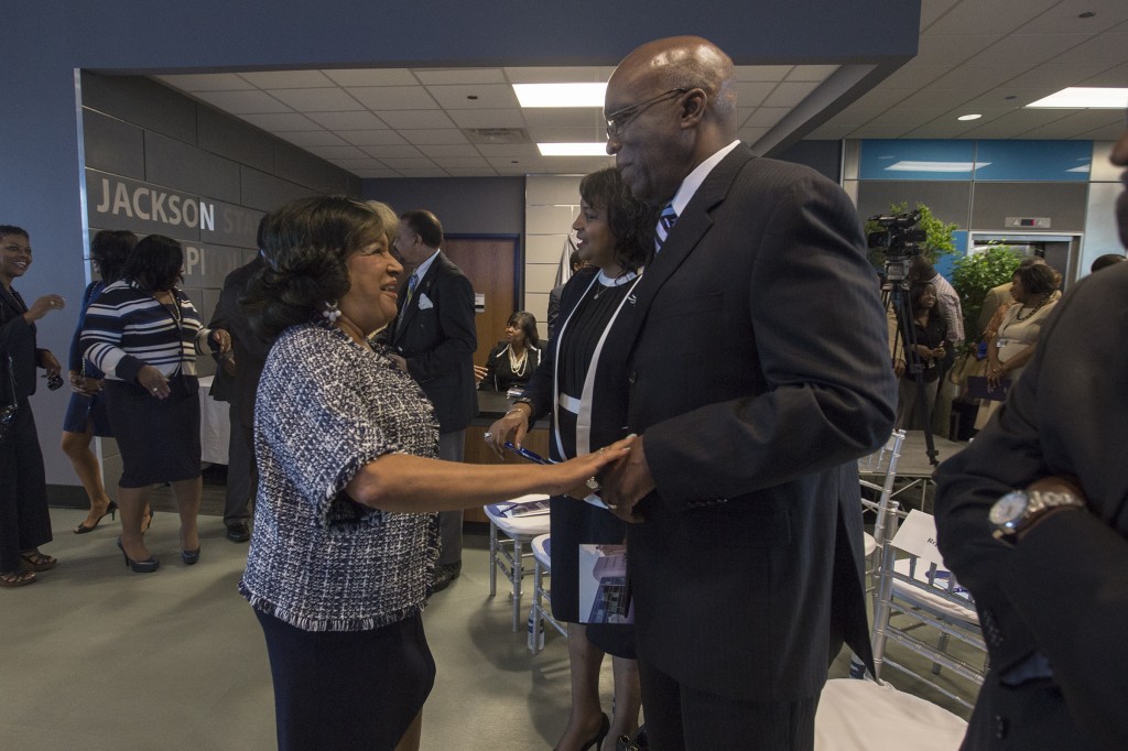 JSU President Carolyn W. Meyers acknowledges state Rep. Percy W. Watson on Thursday during a dedication ceremony for his support of JSU’s Downtown Campus. (Photo by Charles A. Smith/JSU)
