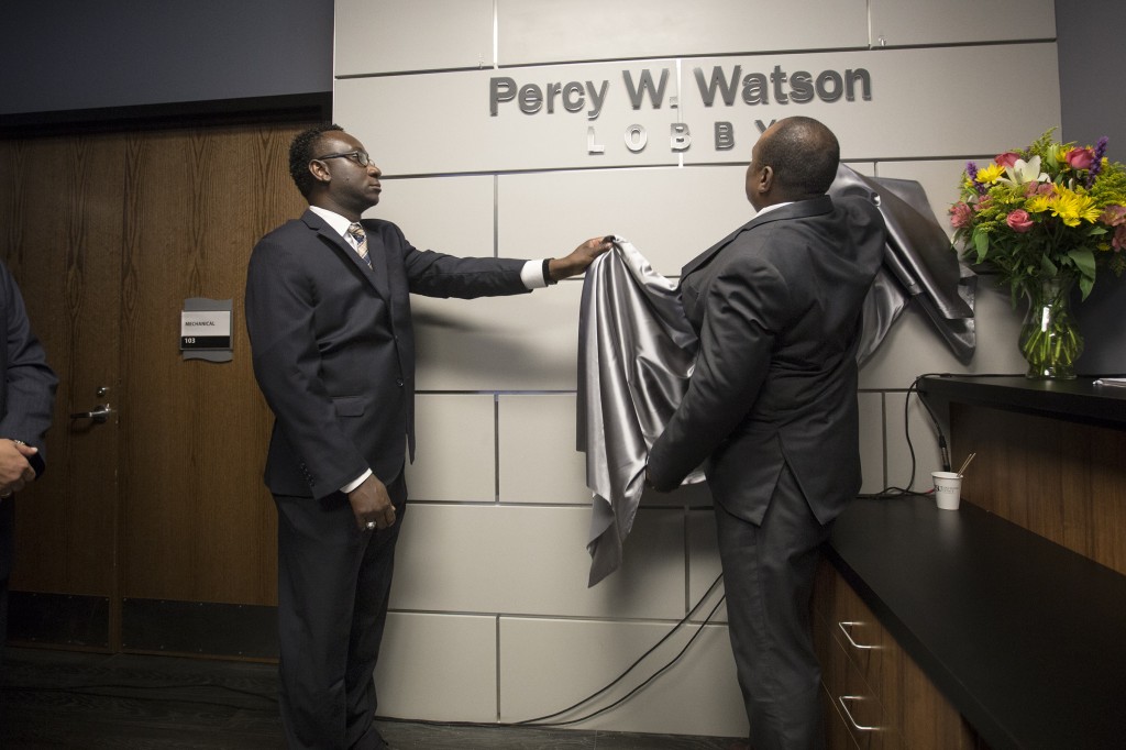 JSU staffers present the official unveiling of the Percy W. Watson Lobby. (Photo by Charles A. Smith/JSU)