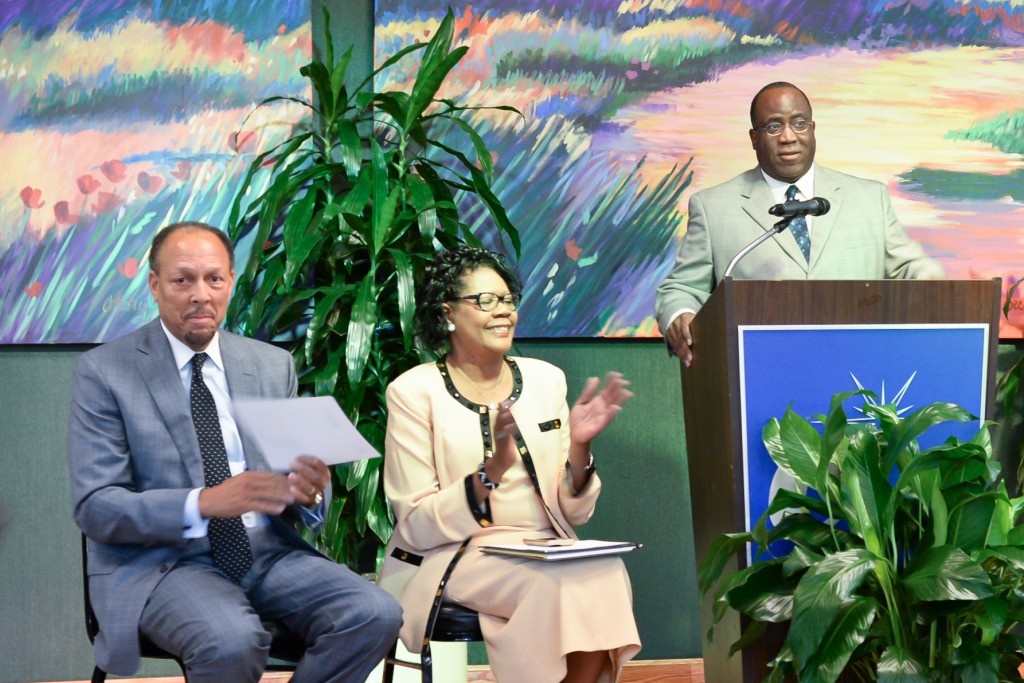 Dr. James C. Renick, JSU’s provost and senior vice president for academic and student affairs, and Dr. Elayne Hayes Anthony, director of the Department of Mass Communications, acknowledge the efforts of Ronnie Agnew, who will chair the advisory committee for mass communication. Agnew is executive director of Mississippi Public Broadcasting. (Photo by Darek Ashley/JSU)