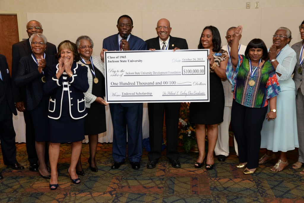 JSU President Carolyn W. Meyers celebrates with the Class of 1965, which donated $100,000 to the Development Foundation. (Photo by Charles A. Smith/JSU)