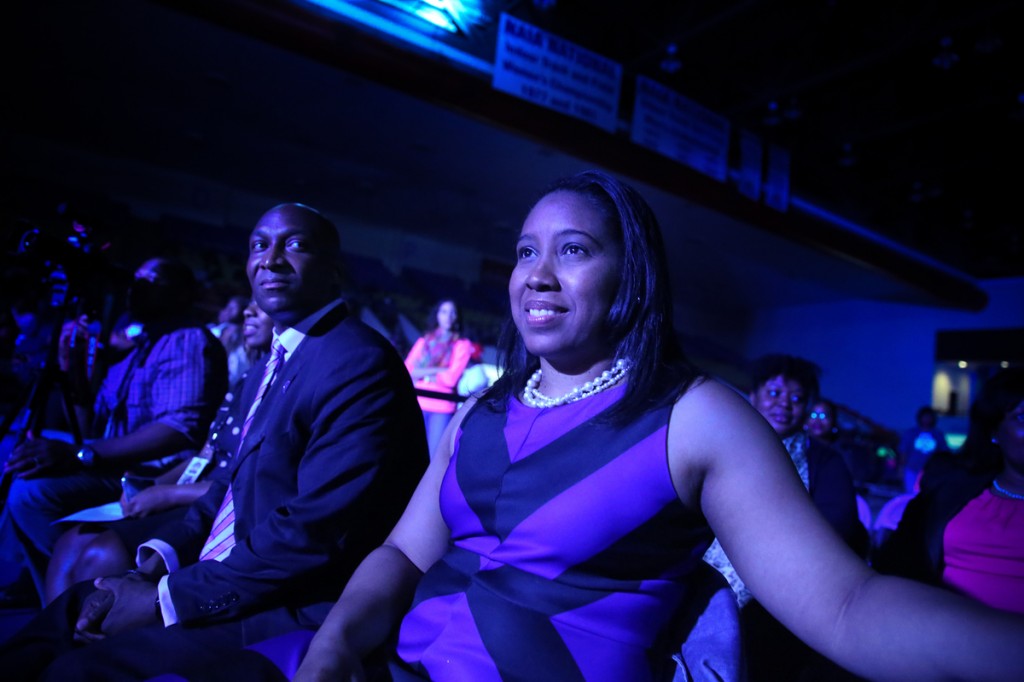 The atmosphere was electric as Anthony L. Holloman, vice president of Institutional Advancement, and Yolanda Owen, president of the JSU National Alumni Association, are left mesmerized. (Photo by Charles A. Smith/JSU)