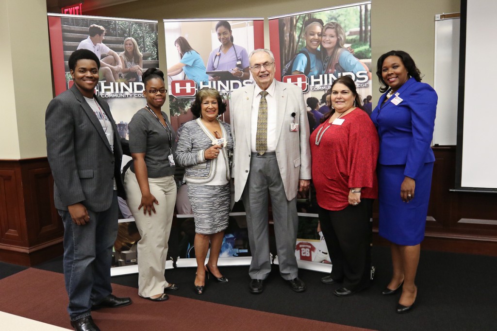 JSU President Carolyn W. Meyers and Hinds Community College President Clyde Muse, center, celebrate the partnership between both institutions with students, faculty and alum from HCC who have developed links to JSU. (Photo by Charles A. Smith/JSU)