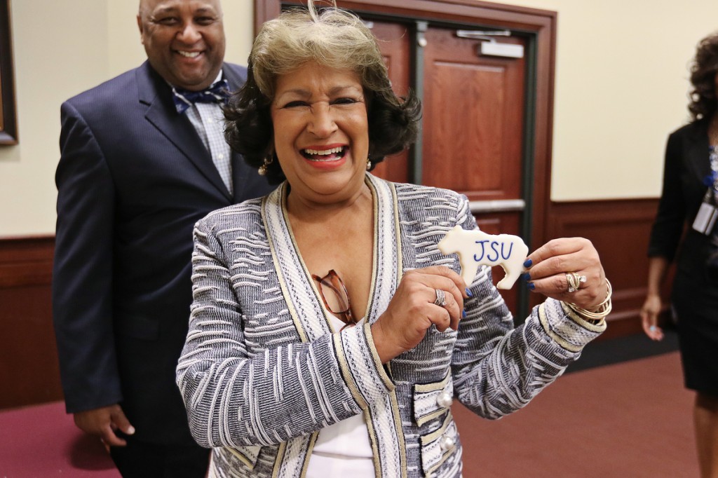 During her visit to HCC, Meyers discovered a sweet, sugary delight in the image of a tiger. (Photo by Charles A. Smith/JSU)