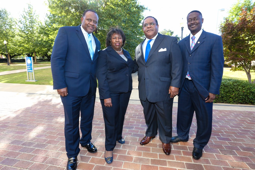 Acknowledging the grant from the Department of Education include Dr. Daniel Watkins, JSU’s dean of the college of Education and Human Development, left, and Dr. Loretta Moore, vice president of Research and Federal Relations. Dr. Frank Giles is a professor and director of the rehabilitation development program, and Dr. Dion F. Porter is the department chair of Counseling, Rehabilitation and Psychometric Services. (Photo by Charles A. Smith/JSU)