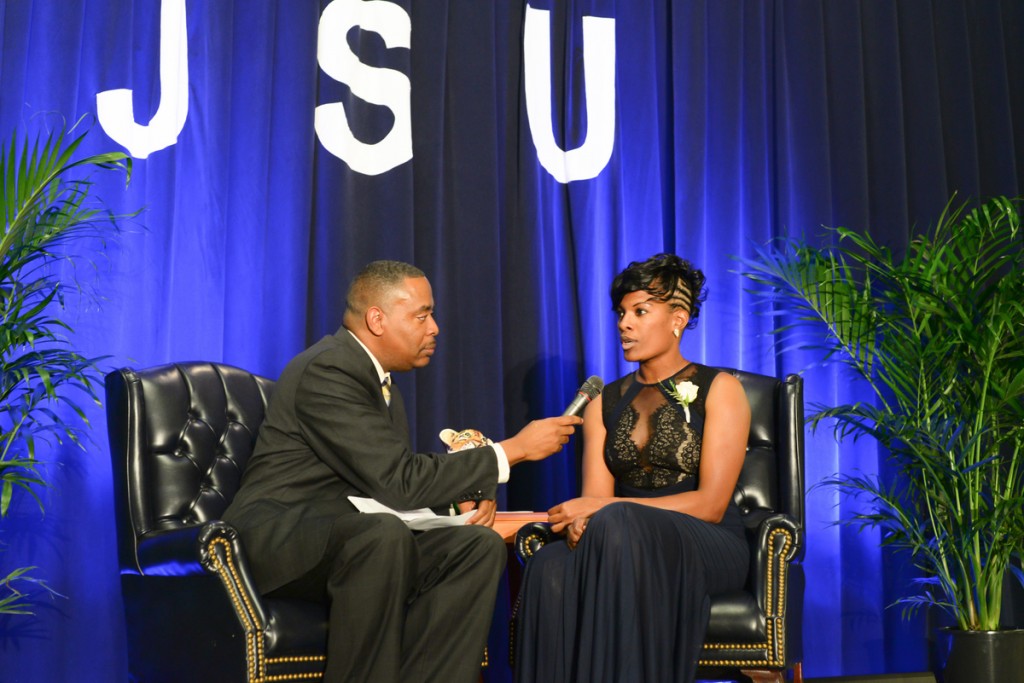 Rob Jay, executive producer of JSU Sports Media, talks with 2015 Hall of Fame inductee Michelle Houston about her notable athletic contributions. (Photo by Darek Ashley/JSU)