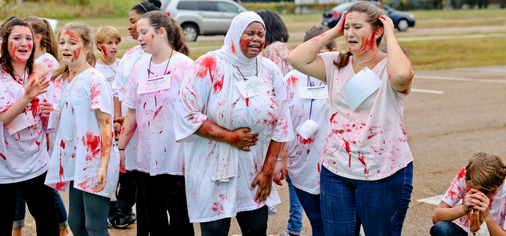 Tragic situations may involve multiple casualties and cause widespread pandemonium as depicted by these actors. (Photo by Deontae Williams/JSU)
