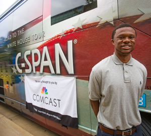 Jeremy Anderson, a junior mass communications major from Baton, La., said, “Twenty years ago, buses didn’t have such high –tech media technology and interactive methods to get students involved in elections.” (Photo by Charles A. Smith/JSU)