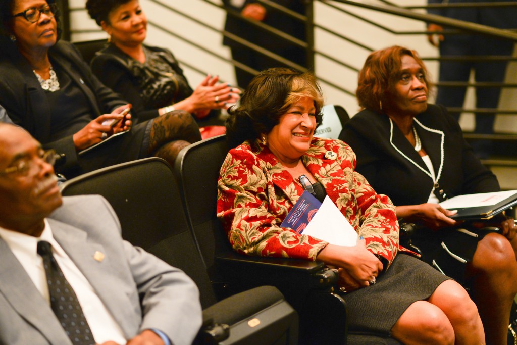 JSU President Carolyn W. Meyers and Dr. Evelyn Leggette, provost and senior vice president of Academic and Student Affairs, are amused by light-hearted comments during a forum discussing milestones in city government. (Photo by Darek Ashley/JSU)