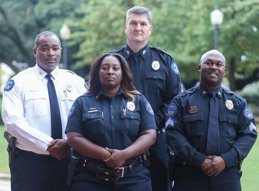 Jackson State University officers from the Department of Public Safety recently attended a certified-investigator program in Pearl to help in identifying criminal violators and collecting evidence. Participants included Deputy Chief James Lyons, left, investigator Detra Ward, officer Michael Ivy and Sgt. David Hall. (Photo by Charles A. Smith/JSU)