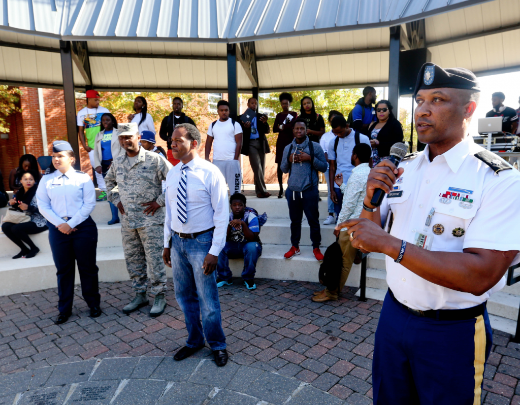 Students and faculty converged on the Gibbs-Green Plaza on Thursday to commemorate veterans, the Army ROTC’s 40-year presence at JSU and the approaching centennial celebration of the Cadet Command of the U.S. Army. (Photo by Deontae Williams/JSU)