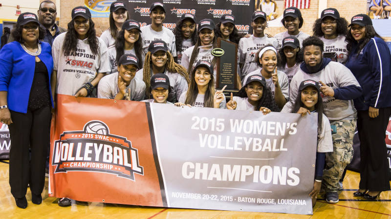 JSU Lady Volleyball Tigers celebrate tournament win.