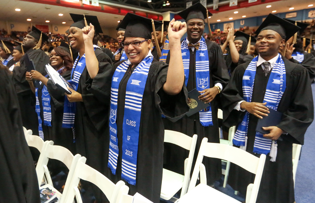 Newly minted graduates rejoice after receiving their diplomas, looking ahead to entering the workforce and/or continuing their education. (Photo by Charles A. Smith/JSU)