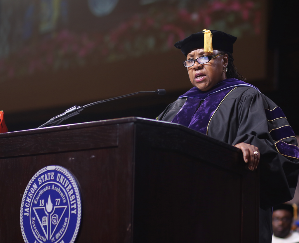 Wendy B. Scott, dean of Mississippi College School of Law, says she stands on the shoulders of those who paved a way for her current successes. She was the keynote speaker during Friday’s 2015 graduate commencement ceremony at Jackson State University. (Photo by Anissa Hidouk/JSU)