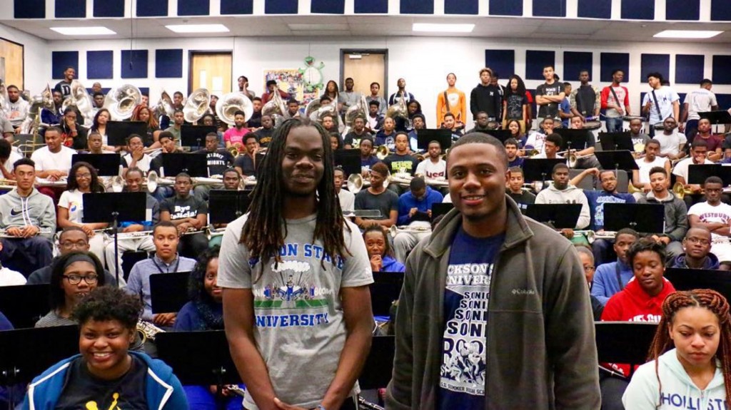 Standing in the foreground, JSU Sonic Boom seniors Steven Holman, left, and Walter Hinton Jr. – flanked by other band members – are on a two-week trip to Nicaragua to share musical skills with their peers in Central America.
