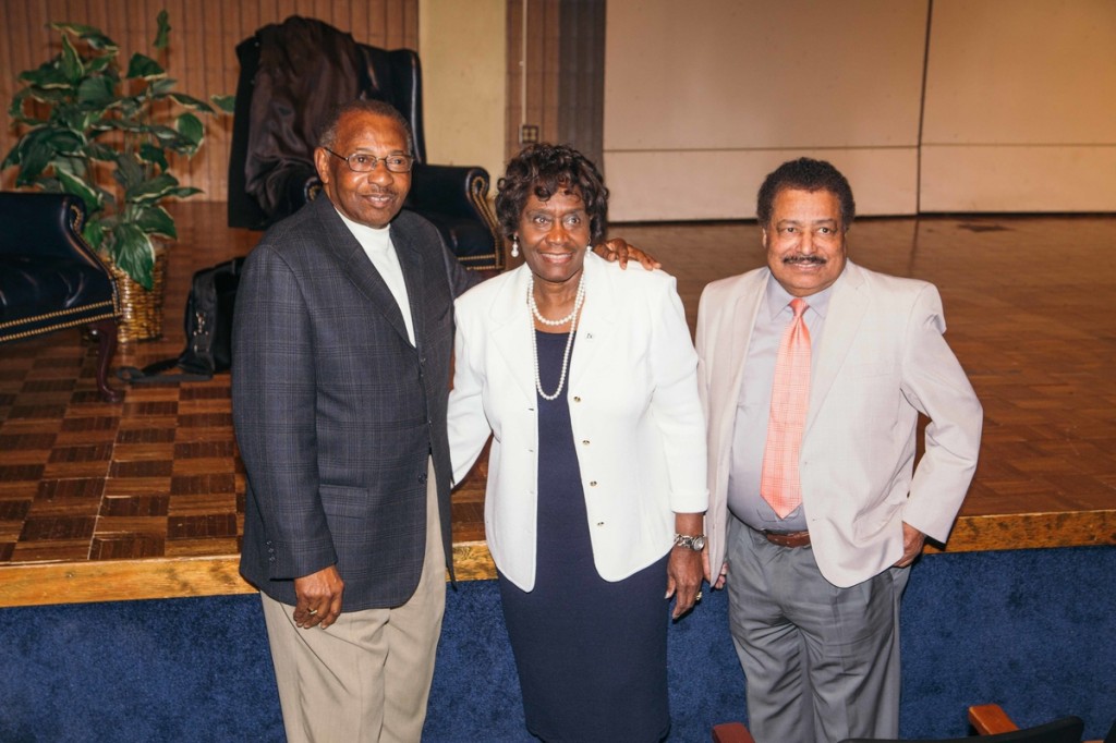 Sanford joins Dr. Evelyn Leggette, provost and senior vice president for Academic and Student Affairs, and Dr. Mario Azevedo, dean of the College of Liberal Arts, after the ceremony honoring the longtime music educator. (Photo by Justin Hardiman/JSU)