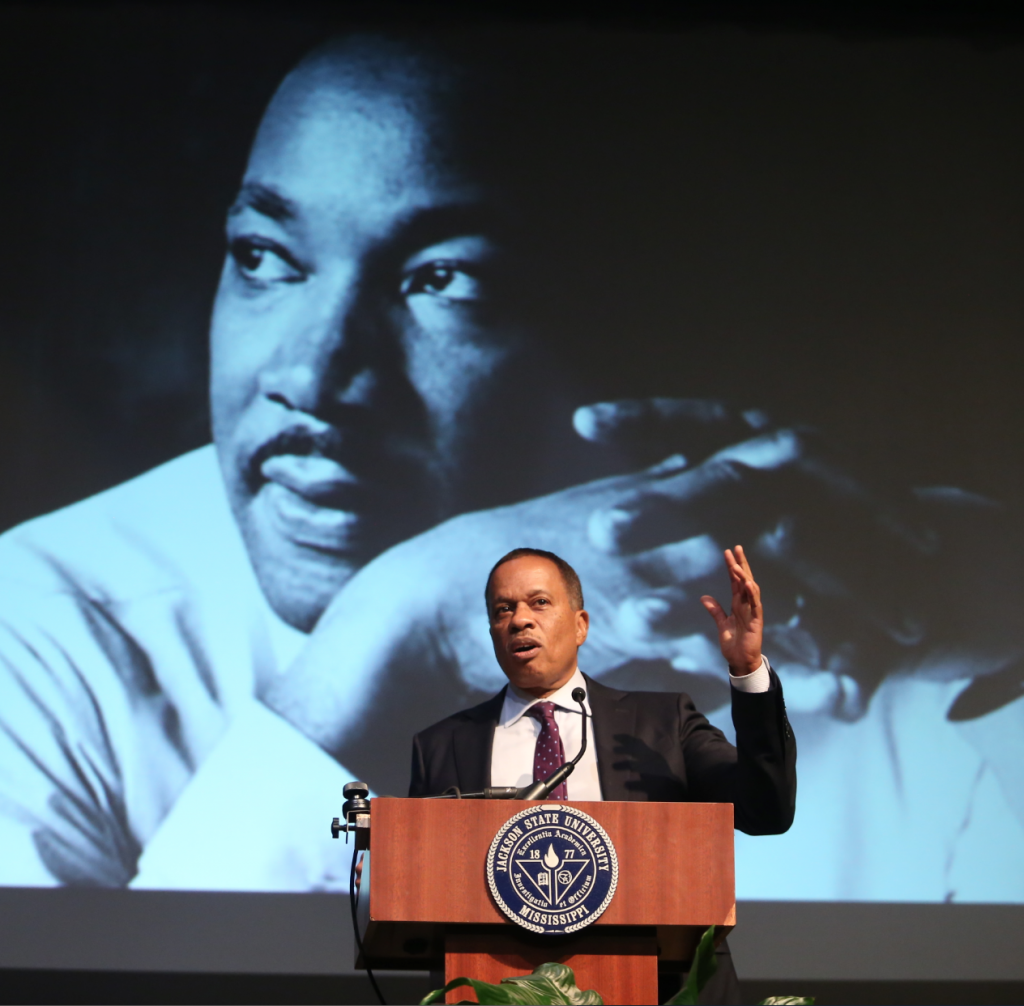 Journalist Juan Williams delivers the keynote address Friday during the 48th Annual Martin Luther King Jr. Birthday Convocation at Jackson State University. Williams spoke about the contributions of civil rights activists and the impact of his celebrated historical book Eyes on the Prize: American’s Civil Rights Years, 1954-1965, which was published in 1987. (Photo by Deontae Williams/JSU)