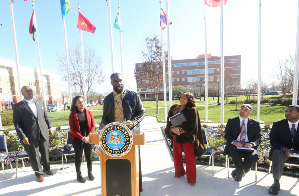 Jackson Mayor Tony Yarber commends Jackson State University and Woldu for making great contributions to the city. He’s joined by Jason Goree, left, director of economic development for the City of Jackson; Woldu; JSU President Carolyn W. Meyers; Ramin Masami, the dean of the College of Business; and Wilbur Walters, associate dean of the College of Science, Engineering and Technology. (Photo by Anissa Hidouk/JSU)