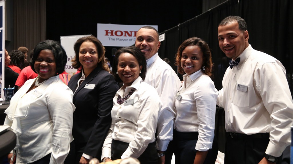 JSU Undergraduate Recruitment members attending the HBCU College Fair are Lynda J. Robinson, left, events coordinator and recruiter; Djenaba P. Swan, administrative assistant; Dr. Juanita M. Morris, director; Wendell Fountain, recruiter; LaToysha Smith, recruiter; and Chaid L. Thomas, recruiter. (Photo by Kentrice S. Rush/JSU)