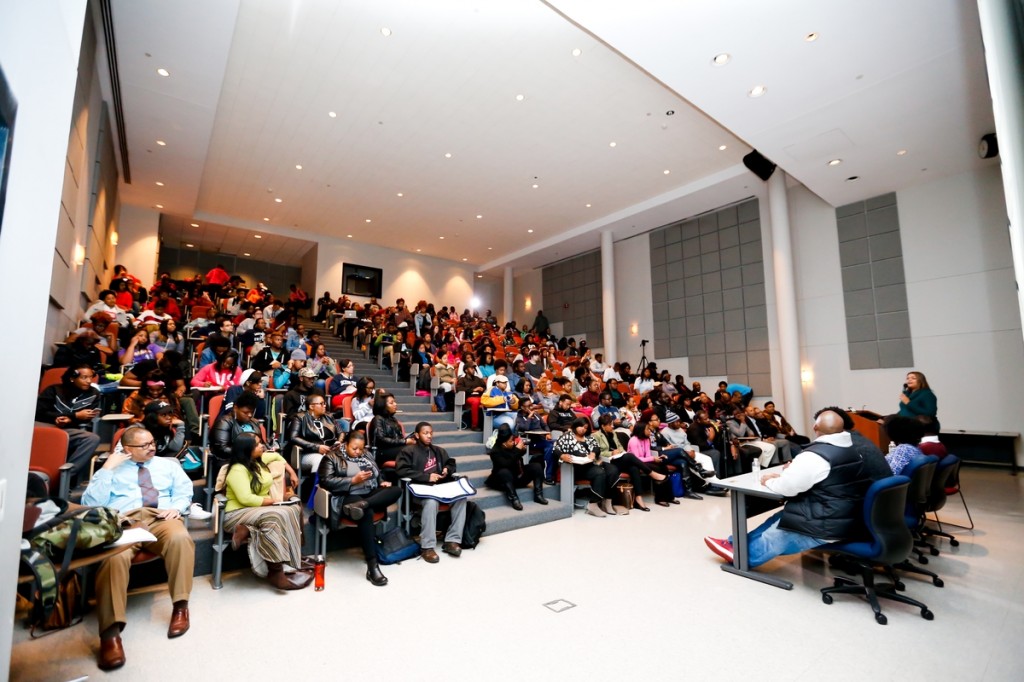 A crowd inside the Dollye M.E. Robison Liberal Arts Building on Thursday listens to discussions that included the relevance of HBCUs, hip hop and Afro-Futurism. (Photo by Anissa Hidouk/JSU)