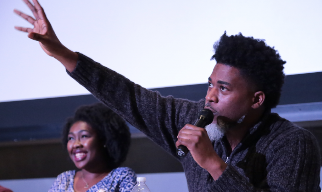 David Banner – rapper, activist, producer, actor – participates in a town hall-style at the 2016 “Planet Deep South Colloquium” alongside Miss JSU Charence Higgins. (Photo by Anissa Hidouk/JSU)