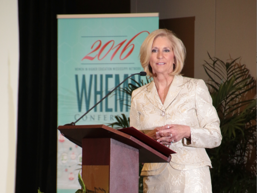 During the conference of Women in Higher Education Mississippi Network (WHEMN), Mississippi Treasury Secretary Lynn Fitch touts financial literacy to overcome long-established hurdles. (Photo by Frank Wilson/JSU)