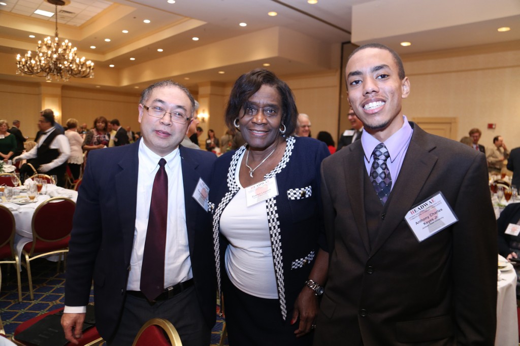 Dr. Evelyn J. Leggette, provost and senior vice president for Academic and Student Affairs at JSU, joins in the celebration with honorees Dr. Fengxiang X. Han, associate professor in the Department of Chemistry and Biochemistry, and junior chemistry major Anthony Keyes. (Photo by Charles A. Smith/JSU)
