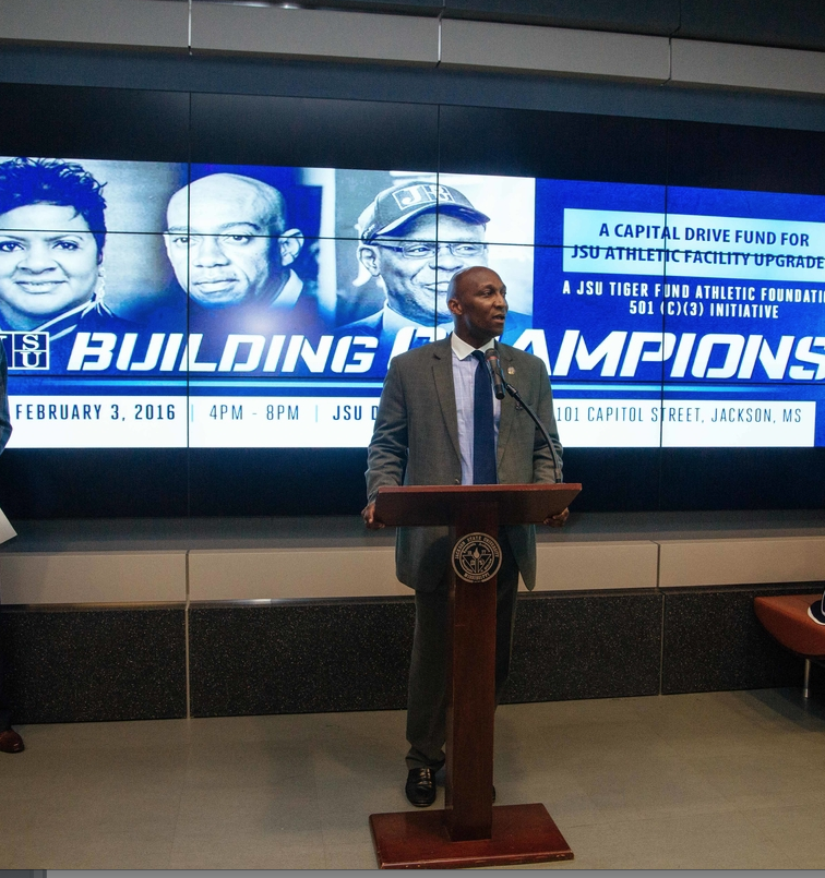 Anthony Holloman, vice president for Institutional Advancement, welcomes supporters to the National Signing Day party Wednesday at the JSU Downtown Campus. (Photo by Justin Hardiman/JSU)