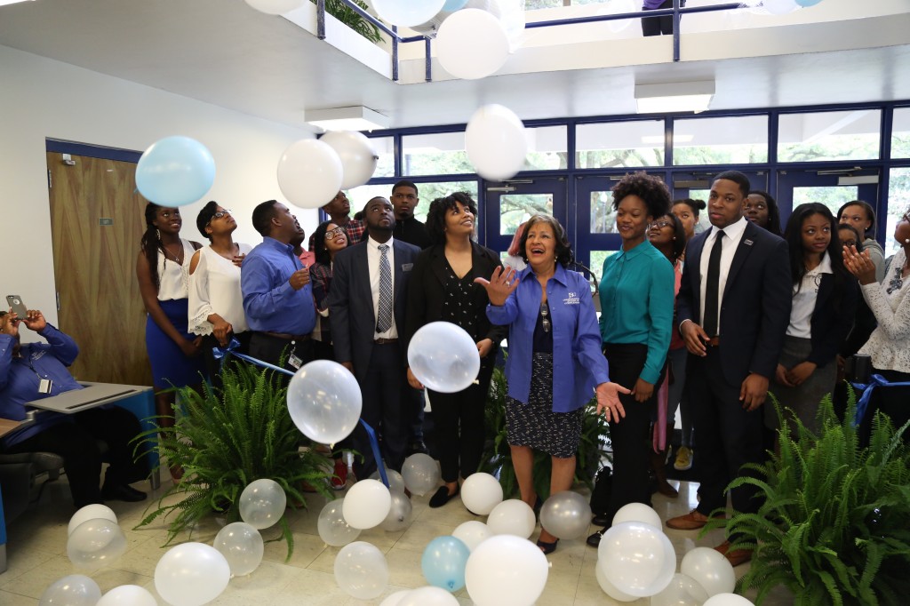 JSU President Carolyn W. Meyers celebrates with students during a balloon shower in observance of upgrades to classroom infrastructure in the Charles F. Moore Building. (Photo by Charles A. Smith/JSU)